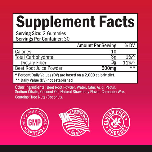 Sugar Free Beet Root Gummies - 60 Count | Nitric Oxide Beet Chews Infused with Coconut Oil for Highest Absorption
