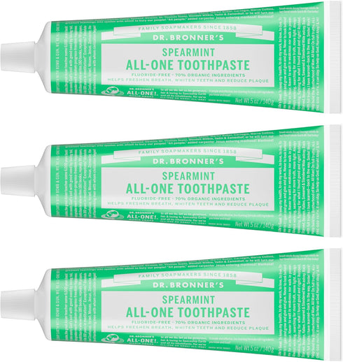 Dr. Bronners All-One Toothpaste Pack of 3 Spearmint, 5 oz Fluoride-Free Toothpaste