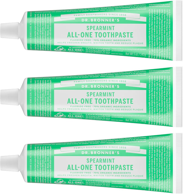 Dr. Bronners All-One Toothpaste Pack of 3 Spearmint, 5 oz Fluoride-Free Toothpaste