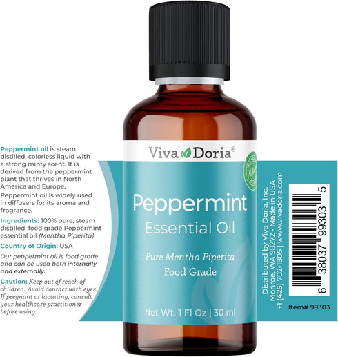 Viva Doria 100% Pure Northwest Peppermint Essential Oil, Undiluted, Food Grade, 30 mL, Made in USA