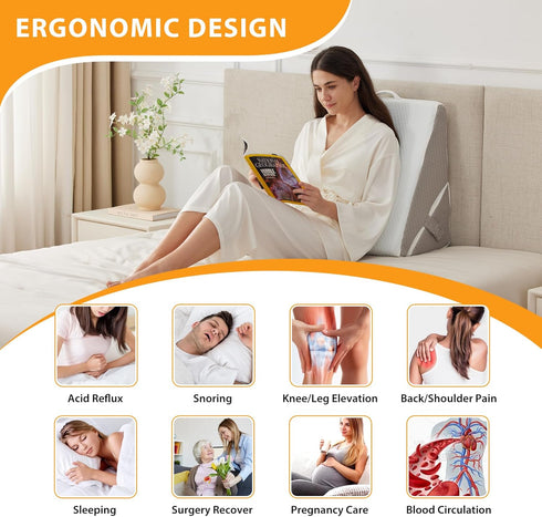 Bed Wedge Pillow for Sleeping, 9&12 Inch Adjustable Memory Foam Triangle Pillow for Back Pain Relief, White/Grey