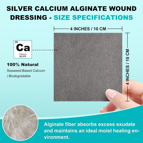 ZMZPA 4" 4", 15 Packs Ag Silver Calcium Alginate Wound Dressing x Non Stick Pads for Wounds, Soft Silver Dressing
