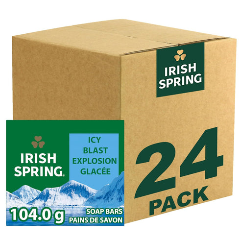 Irish Spring Icy Blast Bar Soap for Men, 24 Pack, 3.7 Oz, Mild Skin, Recyclable Carton, Fresh Clean 12 Hours