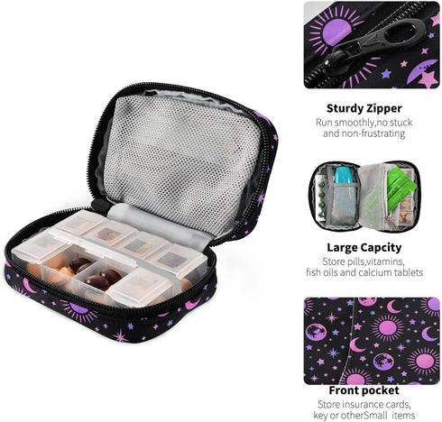 Travel Pill Organizer Bag Weekly Pill Organizer Case Moon Sun Stars Portable Small Daily Pill Boxes for Vitamin Fish