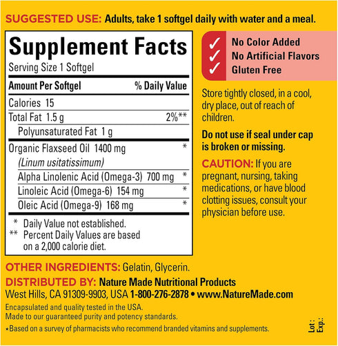 Nature Made Extra Strength Flaxseed Oil, 1400 mg, 100 Softgels, Fish Free Omega 3 Supplement