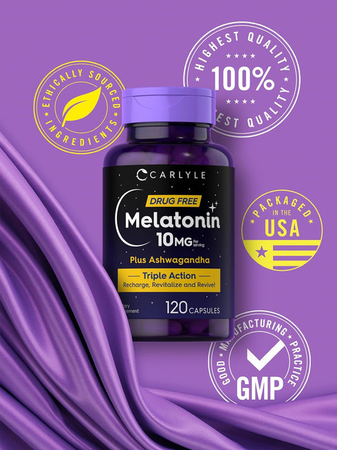 Carlyle Melatonin 10mg with Ashwagandha | 120 Capsules | Triple Strength Formula, Non-GMO, Gluten Free