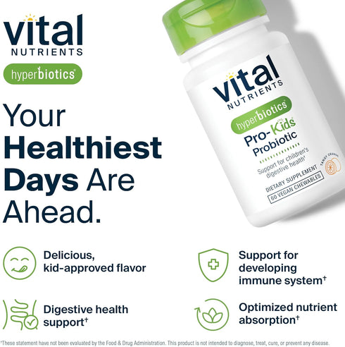 Hyperbiotics Vital Nutrients Pro Kids Probiotic, Allergen-Free Toddler Probiotics, 60 Chewable Tablets