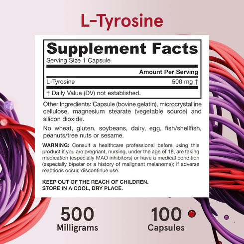 Jarrow Formulas L-Tyrosine 500 mg | 100 Capsules | Dietary Supplement for Brain Health