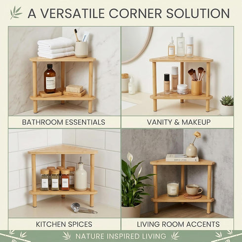 2-Tier Bamboo Corner Shower Stool with Storage Shelf, Waterproof Shower Foot Rest for Shaving Legs, Small Bathroom