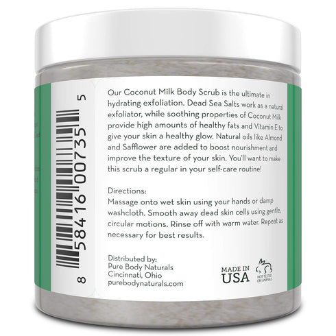 Pure Body Naturals Exfoliating Body Scrub, 12 Ounce with Hydrating Coconut Milk and Detoxifying Dead Sea Salt
