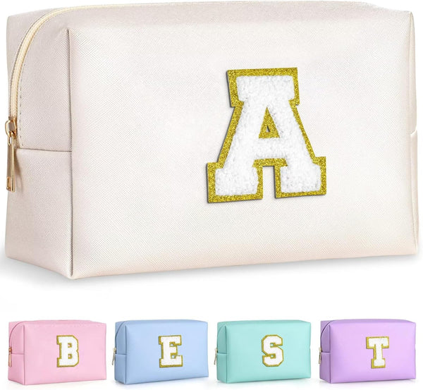 Initial Makeup Bag (White A) - Personalized Zippered PU Leather Waterproof Cosmetic Pouch for Women