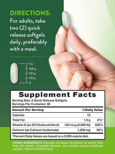Nature's Truth Calcium 1200mg with Vitamin D3 5000 IU | 60 Softgels | from Calcium Carbonate | Non-GMO & Gluten Free Supplement