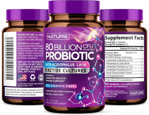 80 Billion CFU Probiotic - Daily Digestive Supplement for Men & Women, Non-GMO, Gluten & Dairy Free, 60 Capsules