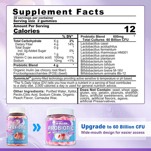 Sugar Free Probiotic Gummies 60 Billion CFU 11 Strains with Prebiotics Fiber, Probiotics Filled Gummies for Women Men Digestive Health, Peach Flavor, Supports Constipation, Diarrhea, Gas & Bloating