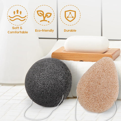 Konjac Exfoliating Organic Cleansing Facial Sponges Set, Natural Walnut Charcoal for Exfoliator Skincare Makeup Removal