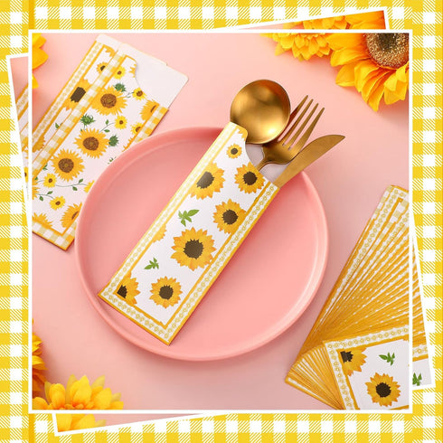 100 Pieces Silverware Bags, Sunflower Party Supplies Wedding Silverware Sleeves, Disposable Cutlery Holder
