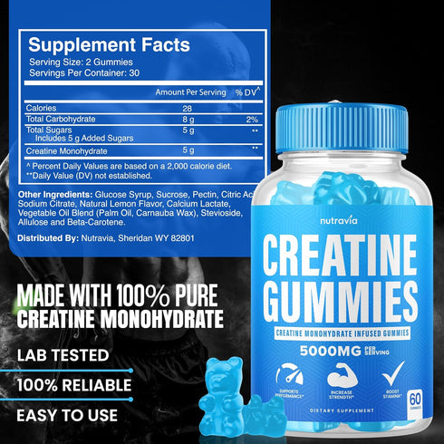 Creatine Gummies, 5g Creatine Monohydrate for Men and Women, Strength, Endurance, 60 Gummies