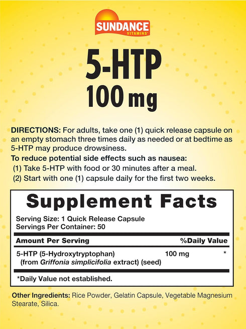 Sundance 5-HTP 100mg | 50 Quick Release Capsules | Non-GMO & Gluten Free Supplement