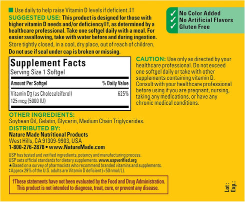 Nature Made Vitamin D3 5000 IU - Extra Strength Softgels for Bone and Immune Health Support, 360 Count
