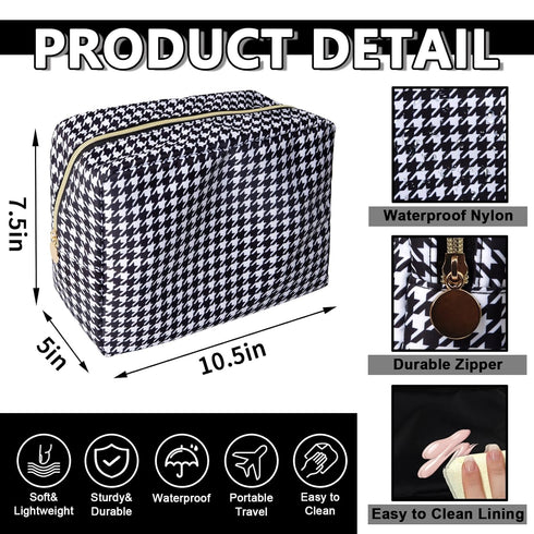 Waterproof Large Makeup Bag Pouch,Nylon Women Travel Toiletry Storage Bag Houndstooth Cosmetic Bag for Girls,Big Preppy Makeup Organizer Bag Zipper Skincare Bag for Sport(Large-Houndstooth)