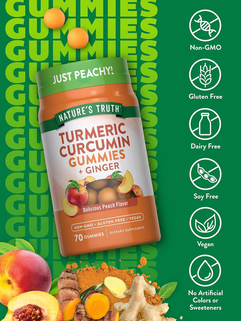 Nature's Truth Turmeric and Ginger Gummies | 70 Count | Vegan, Non-GMO, Gluten Free, Peach Flavor Supplement