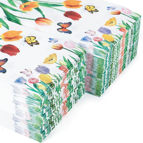 YOCHANDA 100 Pack (Inches, 7.8*4.3) Tulip Floral Guest Hand Towels Disposable for Bathroom, Floral Paper Napkins