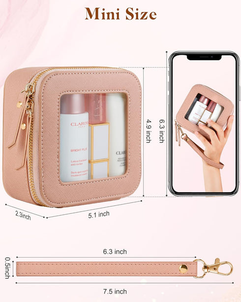 Mini Clear Makeup Bag | Small Leather Cosmetic Pouch for Purse | Cute Organizer for Car Travel Essentials (Pink Mini)