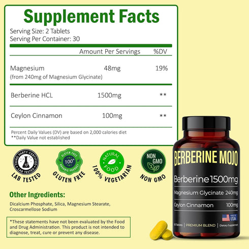 Berberine Supplement 1500mg with Ceylon Cinnamon 100mg & Magnesium Glycinate 240mg for Natural Weight Management - 60