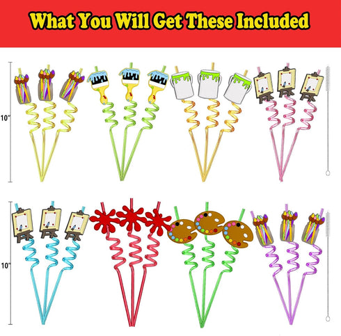 24pcs Art Painting Curly Straws for Cocktail Drink, Birthday Party Supplies Decorations with 2 Cleaning Brushes