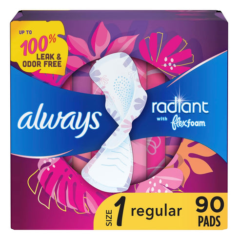 Always Radiant Feminine Pads for Women, Flexfoam Pads with Wings, Regular Absorbency, 90 Count