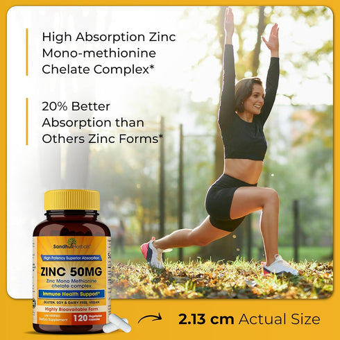 Zinc 50mg Supplement, 120 Vegetarian Capsules, Highly Absorbable for Immune Support, Gluten Free