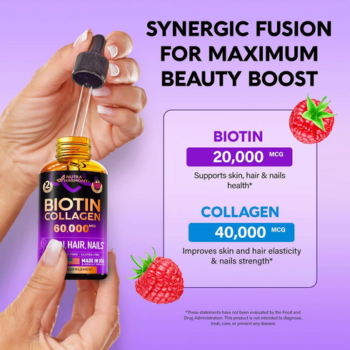Liquid Biotin & Collagen - Extra Strength 60000 mcg Drops for Hair Growth Support, Strong Nails, Healthy Skin - B7