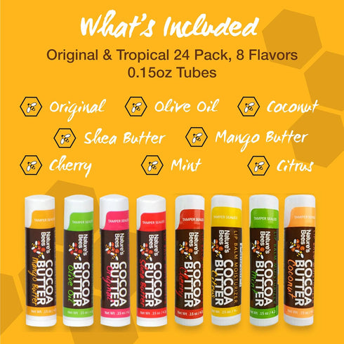 Nature's Bees Lip Balm, Bulk Lip Care Pack for Dry, Cracked Lips, Made in the USA, 0.15 oz Each, 8 Flavors, 24 Pack