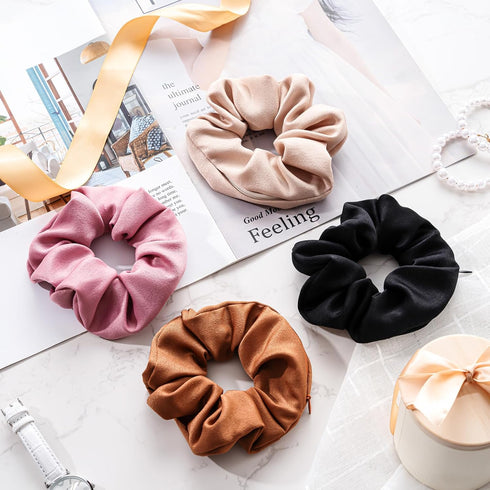 Lolalet 4 PCS Stash Scrunchies with Zipper Pocket, Hidden Pocket Scrunchie for Money, Elastic Hair Ties