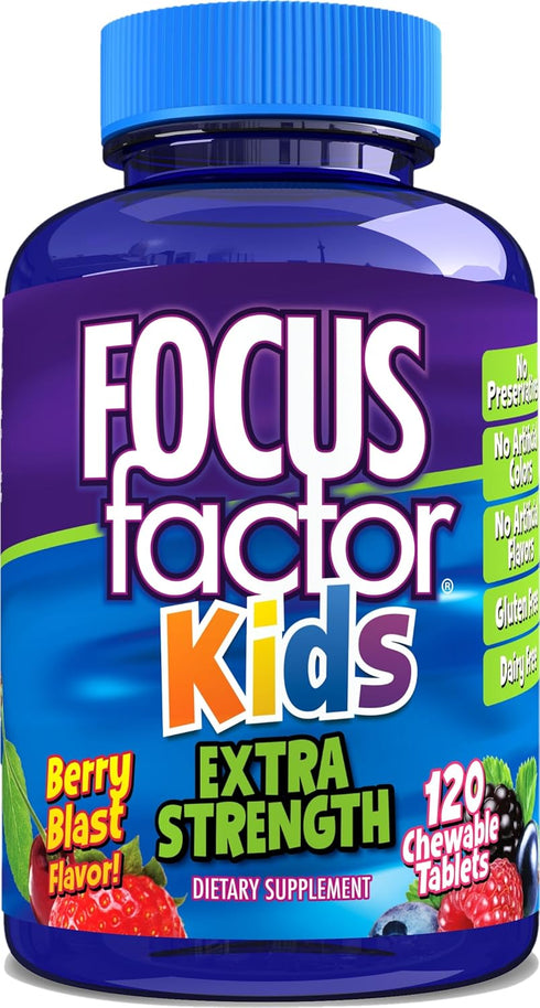 Focus Factor Kids Extra Strength Daily Chewable, 120 Count - Brain Health Support, Gluten & Dairy Free, No Artificial