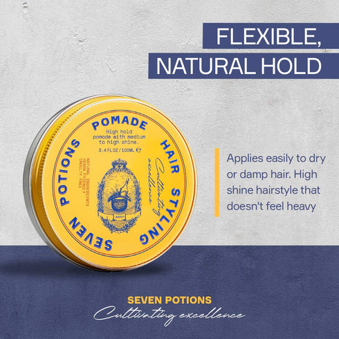 SEVEN POTIONS Hair Styling Pomade For Men 3.4 fl oz - High Shine, High Hold, Water Based, Natural, Vegan