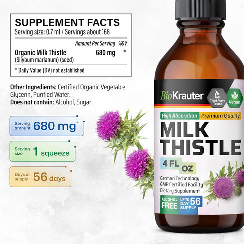 Organic Milk Thistle Liquid Extract 4 fl. Oz. - Silymarin Tincture for Liver Detox Drops, Liver Supplement