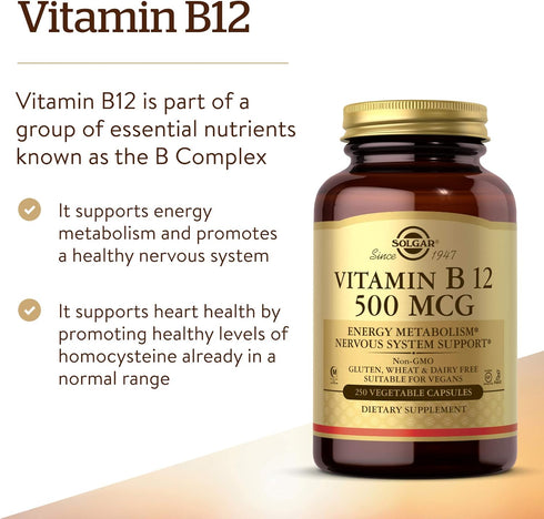Solgar Vitamin B12 500 mcg, 250 Vegetable Capsules - Energy Metabolism, Nervous System Support, Non-GMO, Vegan