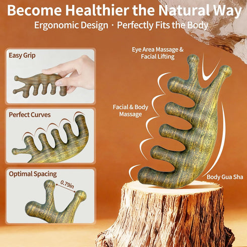 KOVINNA 4-in-1 Green Sandalwood Massage Comb & Gua Sha Tool for Scalp, Face & Body Natural Wooden Comb for Relaxation