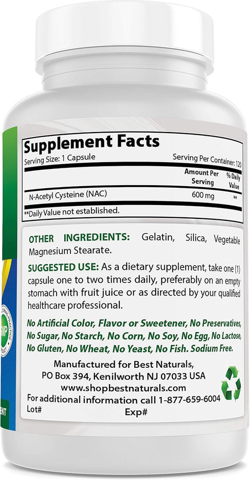 Best Naturals NAC - N Acetyl Cysteine 600 mg 120 Capsules - Powerful Antioxidant