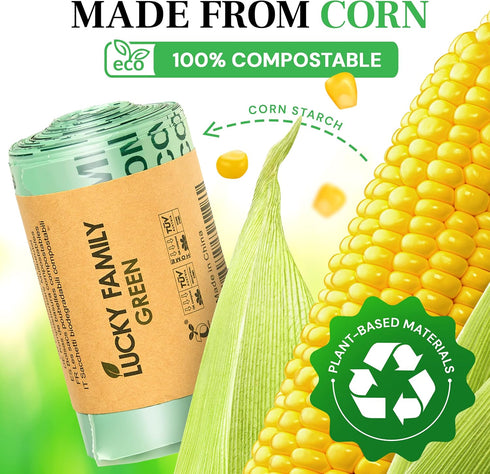 Lucky Family Green Compost Bags - 1.3 to 1.6 Gallon Kitchen Countertop Bin, 100% Compostable Trash Bags