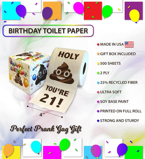 Printed TP 21st Birthday Gift Toilet Paper - Holy You're 21 Bday Party Funny Gag Gift, 500 Sheets