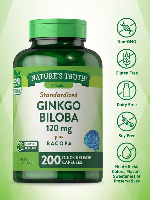Nature's Truth Ginkgo Biloba 120mg plus Bacopa - 200 Quick Release Capsules, Standardized Extract, Non-GMO and Gluten