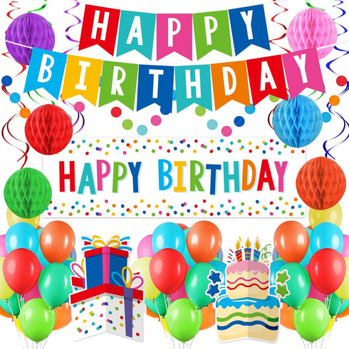 Happy Birthday Decorations Kit - Banner, Plastic Backdrop, Circle Confetti Garland, Streamers & Balloons