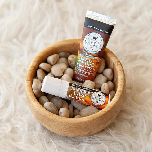 Dionis Goat Milk Skincare Hand Cream & Lip Balm Set - Caramel Pumpkin Spice Scented (1 oz & .28 oz) - USA Made