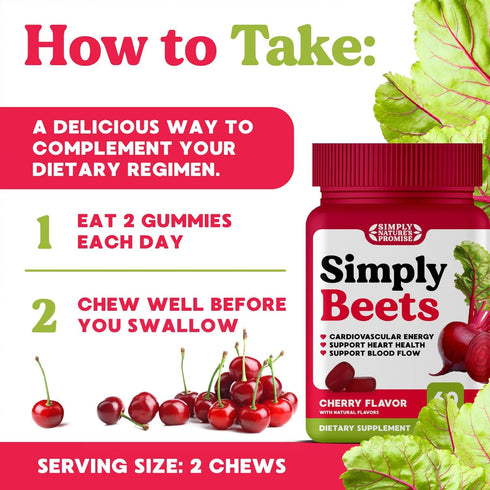 Simply Nature's Promise - Simply Beets Heart Gummies - 60 Non-GMO Beet Gummy Chews, Cherry Flavor
