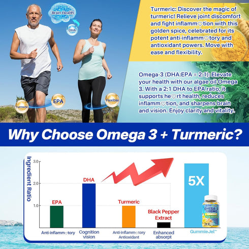 Omega-3 Gummies 1000mg 3 600mg 300mg, 60 Vegan + Turmeric - Omega Fish Oil Alternative for Adults - Algae DHA & EPA