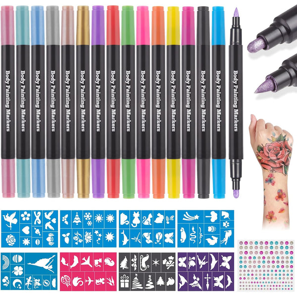 Lictin Temporary Tattoo Markers, 16 Colors Dual-End Skin Tattoo Pens with 80 Stencils for Kids and Adults