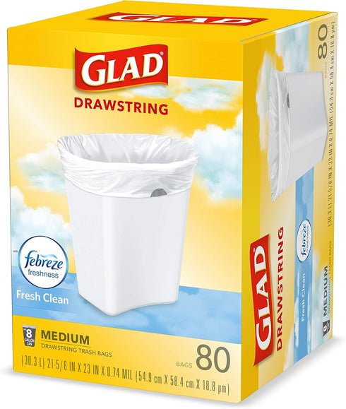 Glad 8 Gallon Medium Kitchen Drawstring Trash Bags, 80 Count White Mini Trash Bags, Fresh Clean Scent