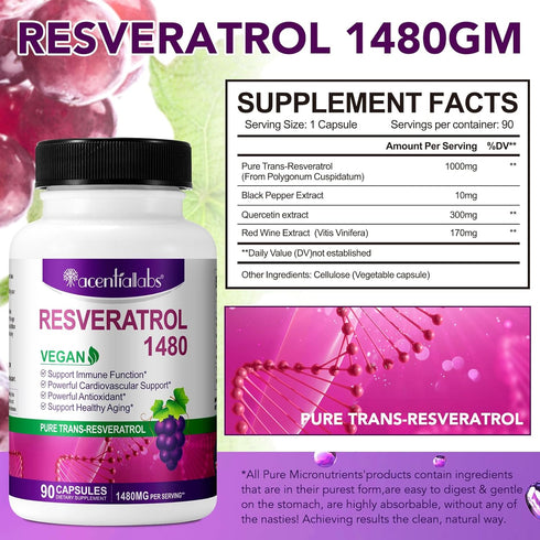 Resveratrol 1,480MG with Quercetin - 90 Vegan Capsules for Healthy Aging, Immune System, Cardiovascular & Joint Support